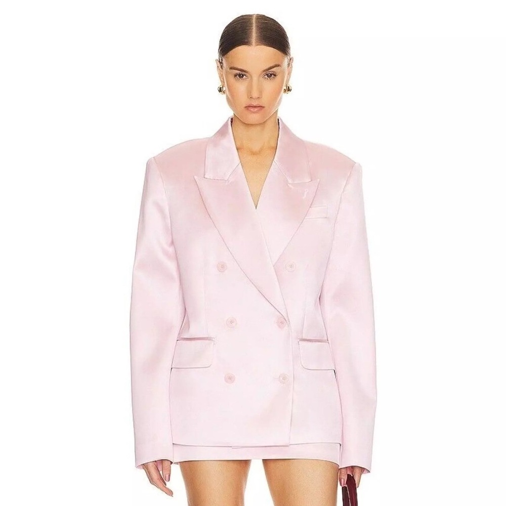 Women's Double-Breasted Satin Blazer Jacket - Light Pink